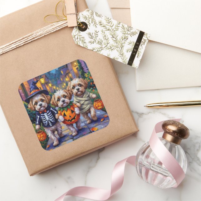 Shih Tzu Dogs Trick-or-Treating Halloween Costumes Square Sticker (Gifting)
