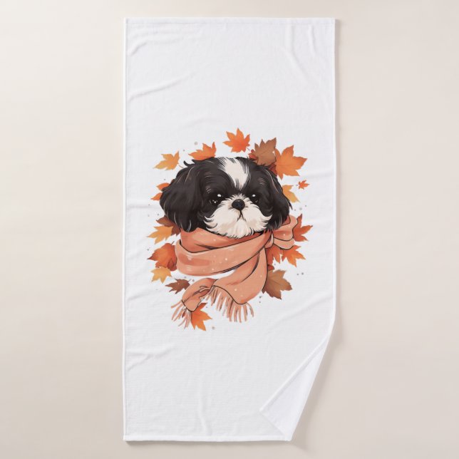 Shih Tzu Fall Dog Autumn Leaves Thanksgiving Copy  Bath Towel (Bath Towel)