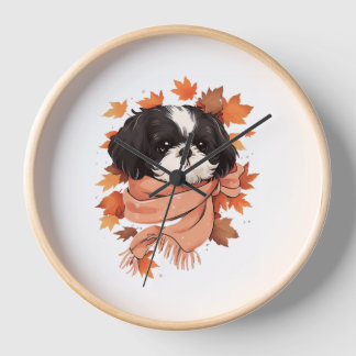 Shih Tzu Fall Dog Autumn Leaves Thanksgiving Copy  Clock