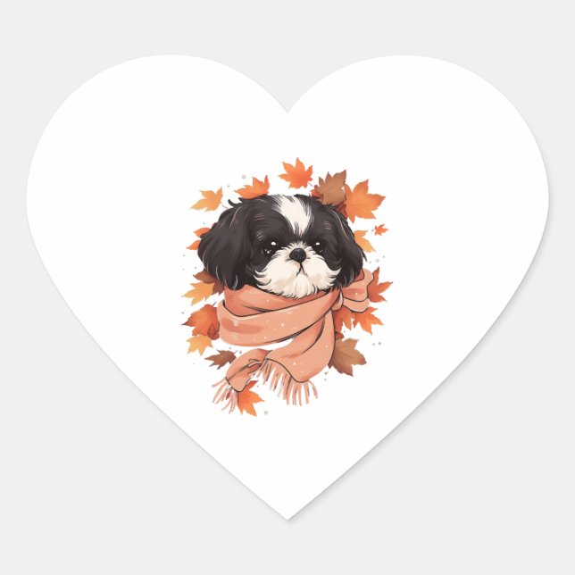 Shih Tzu Fall Dog Autumn Leaves Thanksgiving Copy  Heart Sticker (Front)