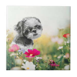 Shih Tzu Girl with Flowers Ceramic Tile
