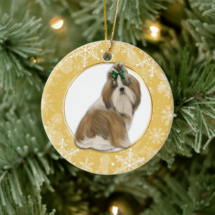 Shih Tzu Gold Snowflake Border Ceramic Tree Decoration