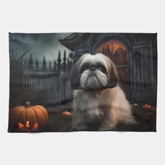 Shih Tzu Halloween Scary Tea Towel (Horizontal)