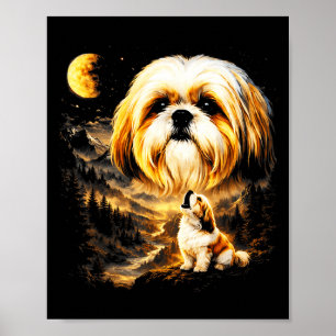 Shih tzu howling to the moon vintage 90s funny dog poster