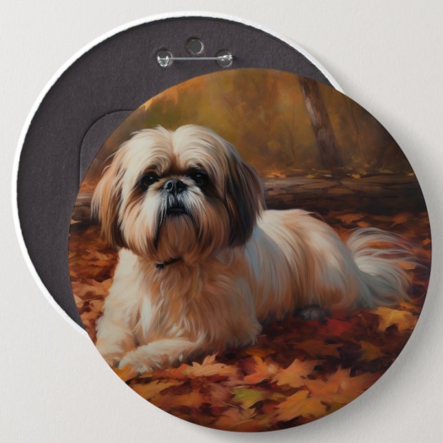 Shih Tzu in Autumn Leaves Fall Inspire 6 Cm Round Badge (Front & Back)