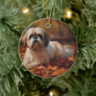 Shih Tzu in Autumn Leaves Fall Inspire Ceramic Tree Decoration