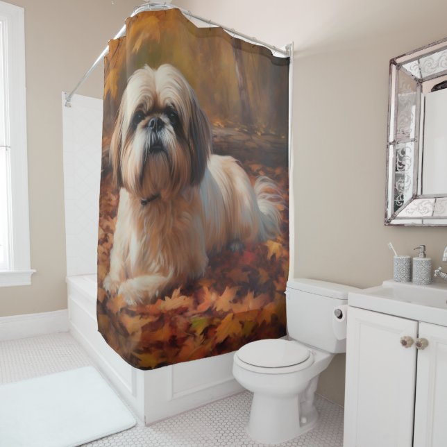 Shih Tzu in Autumn Leaves Fall Inspire Shower Curtain (In Situ)