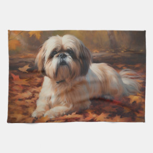 Shih Tzu in Autumn Leaves Fall Inspire Tea Towel