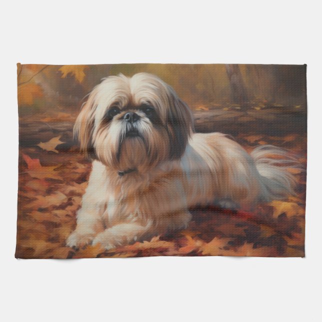 Shih Tzu in Autumn Leaves Fall Inspire Tea Towel (Horizontal)