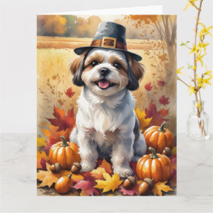 Shih Tzu In Autumn Leaves Thanksgiving Art  Card