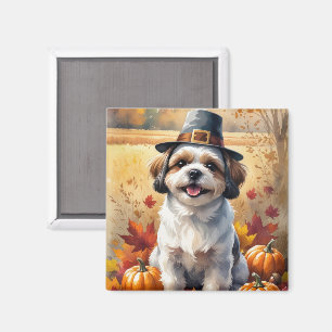 Shih Tzu In Autumn Leaves Thanksgiving Art  Magnet