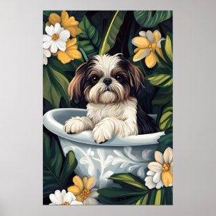 Shih Tzu In Bathtub Poster, Funny Dog Poster, Shih Poster
