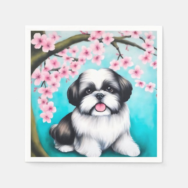 Shih Tzu in Oriental Cherry Blossom Napkin (Front)