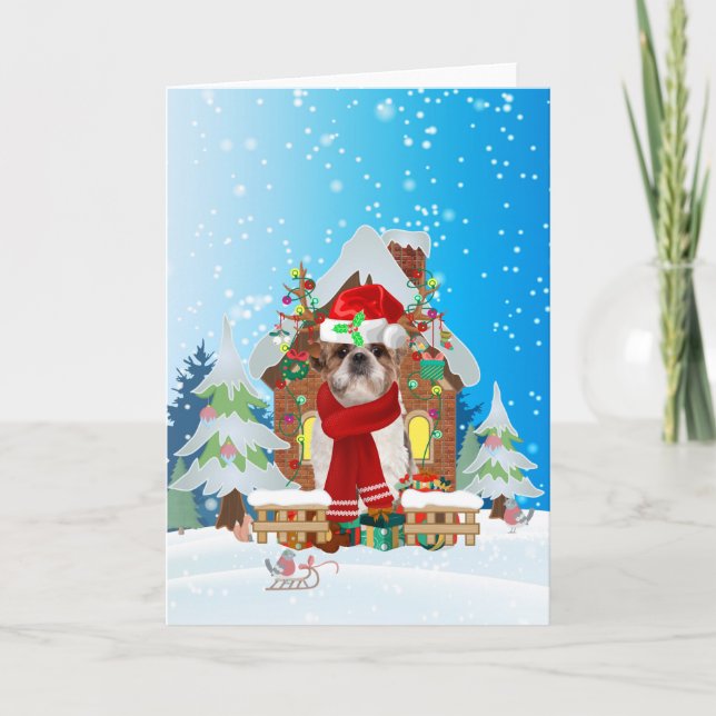 Shih Tzu in snow with Christmas gifts  Card (Front)