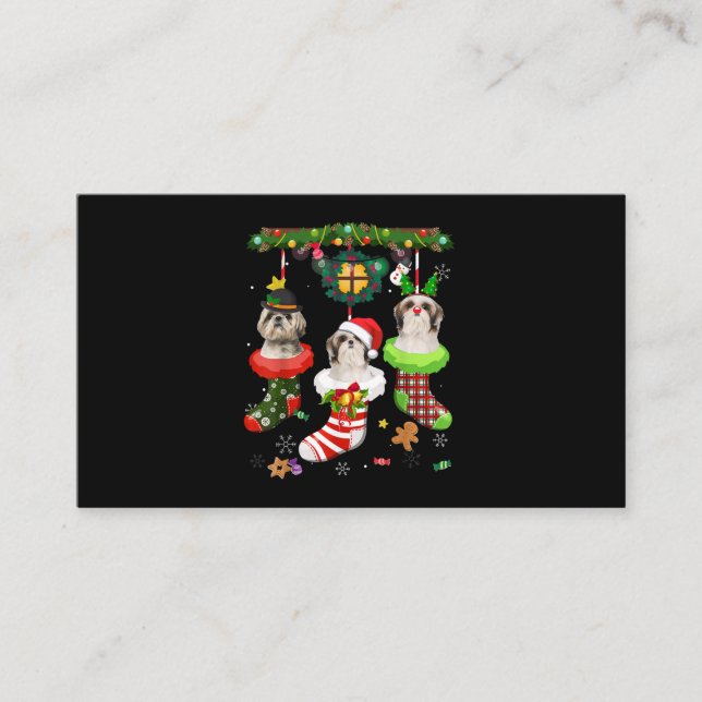 Shih Tzu In Socks Christmas Santa Hat Xmas Lights Business Card (Front)