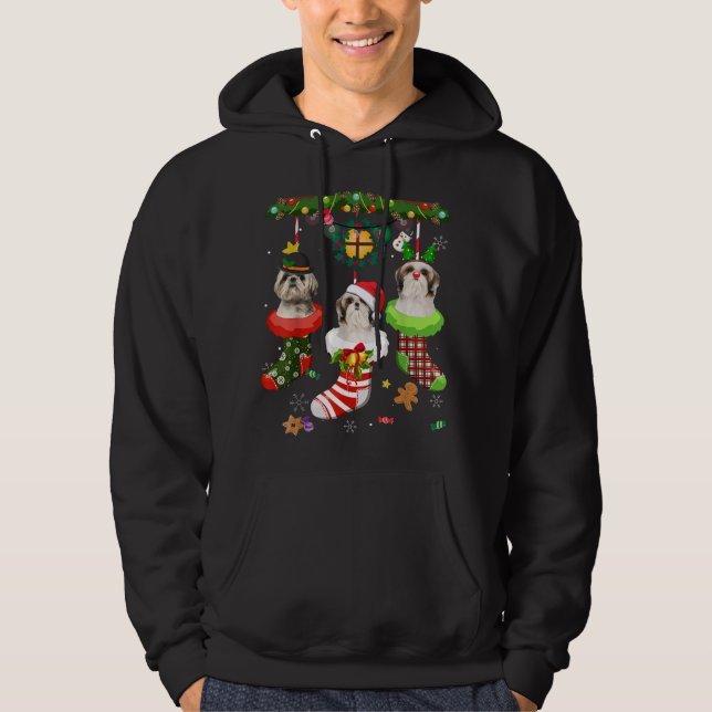 Shih Tzu In Socks Christmas Santa Hat Xmas Lights  Hoodie (Front)