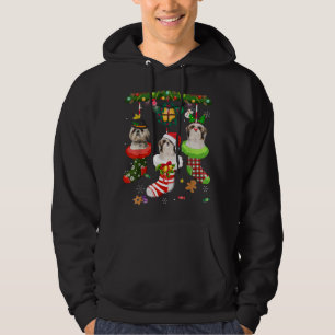 Shih Tzu In Socks Christmas Santa Hat Xmas Lights Hoodie