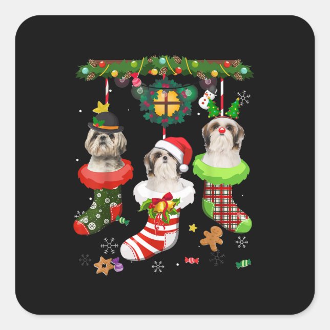 Shih Tzu In Socks Christmas Santa Hat Xmas Lights Square Sticker (Front)