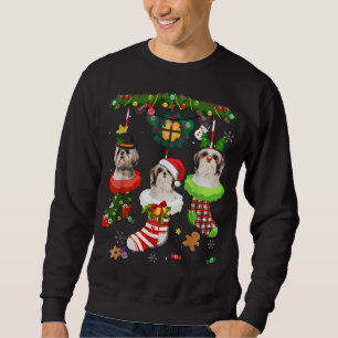 Shih Tzu In Socks Christmas Santa Hat Xmas Lights Sweatshirt