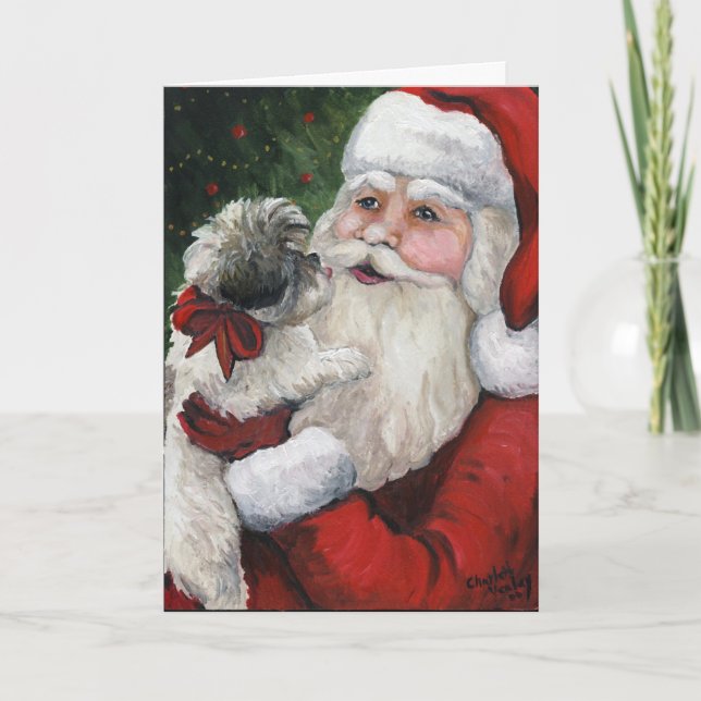 "Shih tzu Kisses for Santa" Dog Art Christmas Card (Front)