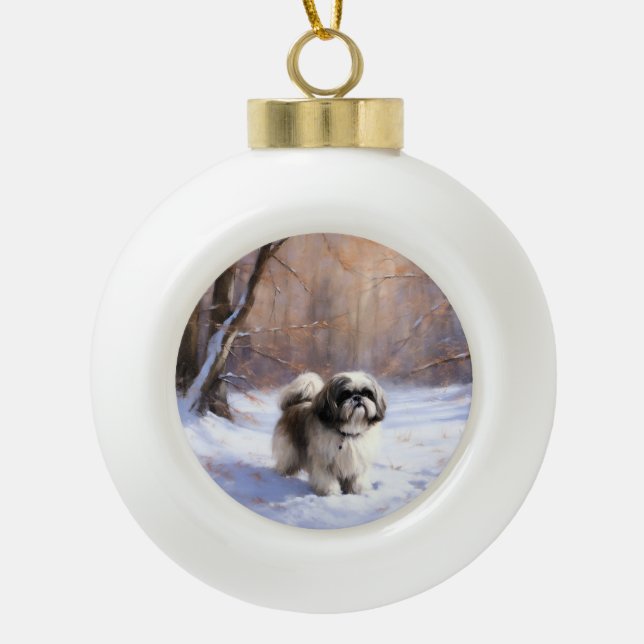 Shih Tzu Let It Snow Christmas  Ceramic Ball Christmas Ornament (Front)