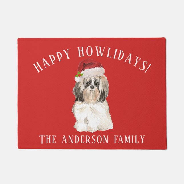 Shih tzu Longer hair Dog Happy Howlidays Christmas Doormat (Front)