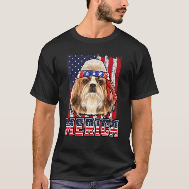 Shih Tzu Merica 4th of July Dog Patriotic Flag T-Shirt (Front)