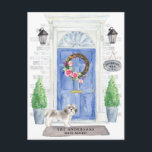 Shih tzu  Moving Announcement Postcard<br><div class="desc">Announce your new address with our stylish announcement featuring a Shih tzu ,  blue front door,  welcome mat,  slate sign,  topiaries and a floral wreath set on a grey brick background.</div>