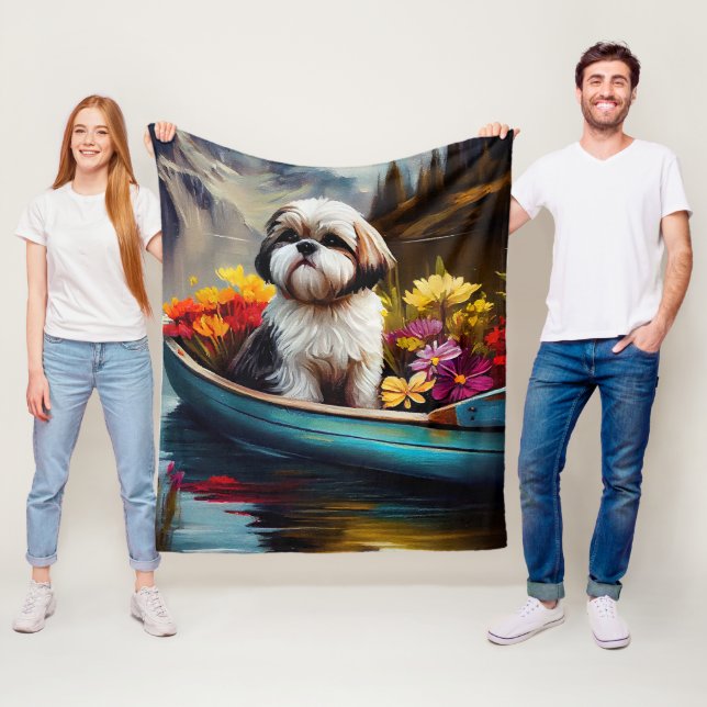 Shih Tzu on a Paddle: A Scenic Adventure Fleece Blanket (In Situ)