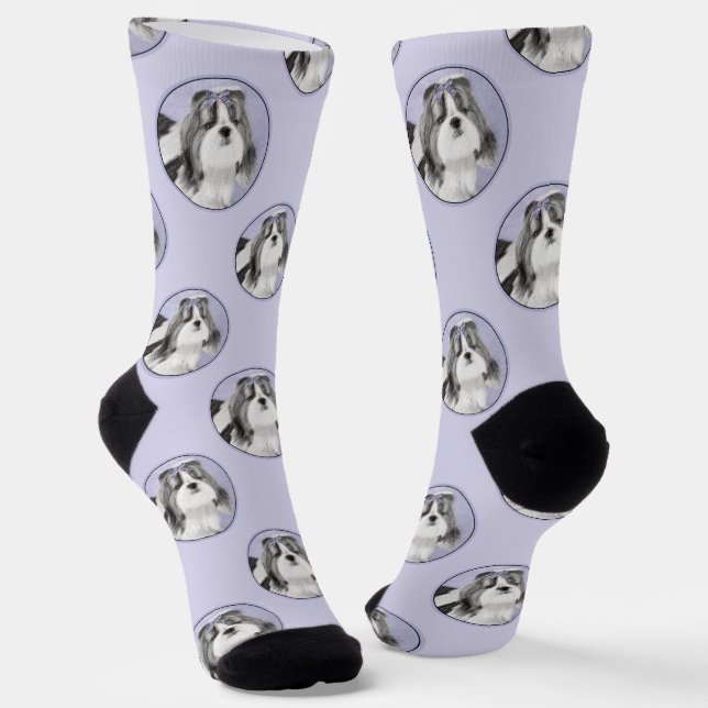 Shih Tzu Painting Black & White Original Dog Art Socks (Angled)