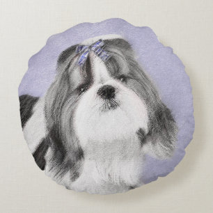 Shih Tzu Painting - Cute Original Dog Art Round Cushion
