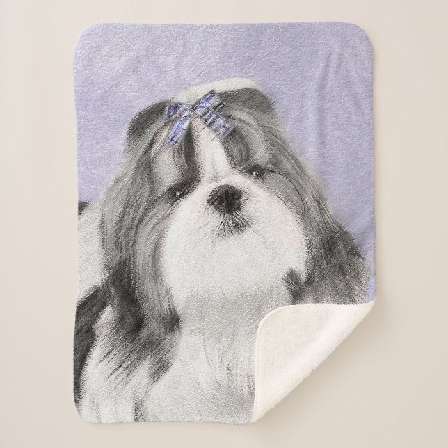 Shih Tzu Painting - Cute Original Dog Art Sherpa Blanket (Front)