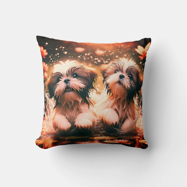 "Shih Tzu Pond Play" Cushion (Front)