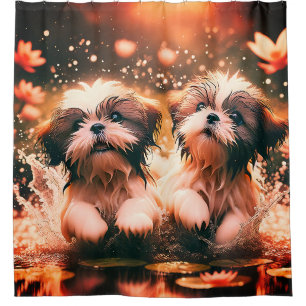 "Shih Tzu Pond Play" Shower Curtain