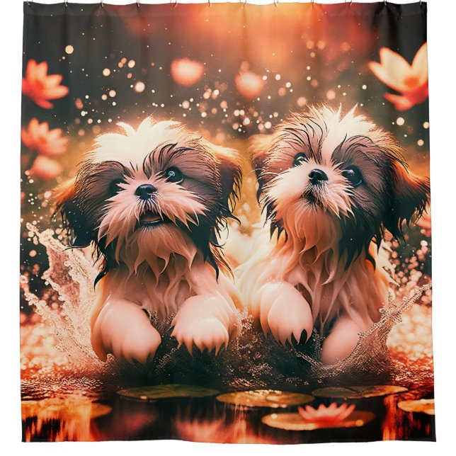 "Shih Tzu Pond Play" Shower Curtain (Front)