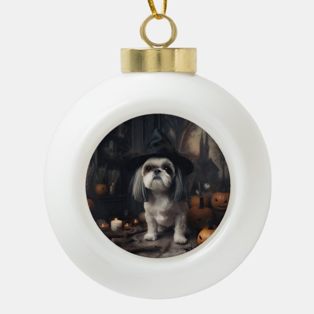 Shih Tzu Pumpkins Halloween Scary  Ceramic Ball Christmas Ornament (Front)