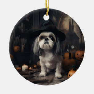 Shih Tzu Pumpkins Halloween Scary  Ceramic Tree Decoration