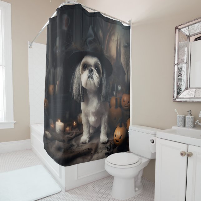 Shih Tzu Pumpkins Halloween Scary  Shower Curtain (In Situ)