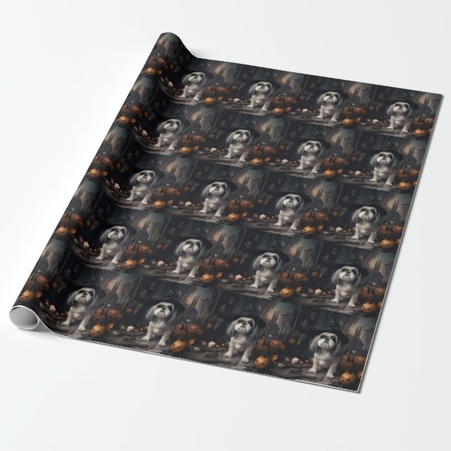 Shih Tzu Pumpkins Halloween Scary  Wrapping Paper (Unrolled)