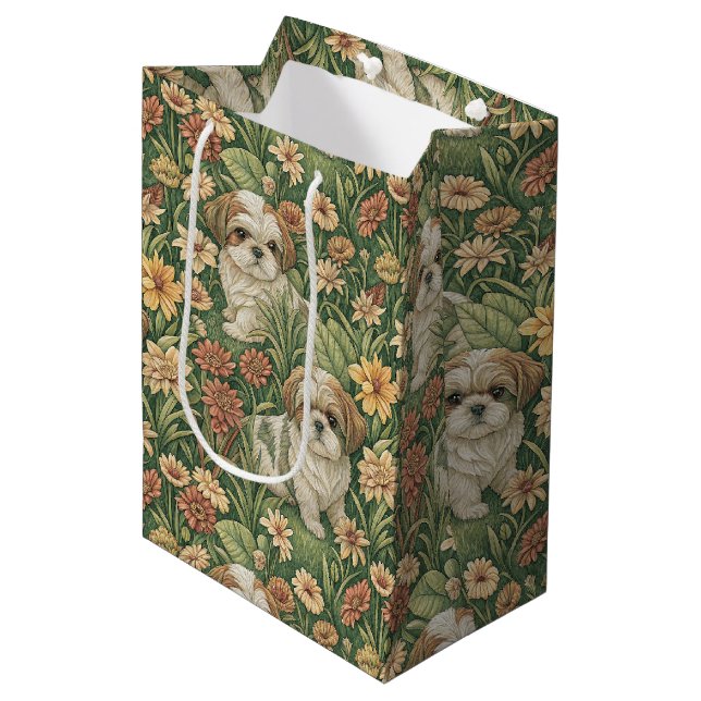 Shih Tzu Puppies in a William Morris Style Garden Medium Gift Bag (Front Angled)