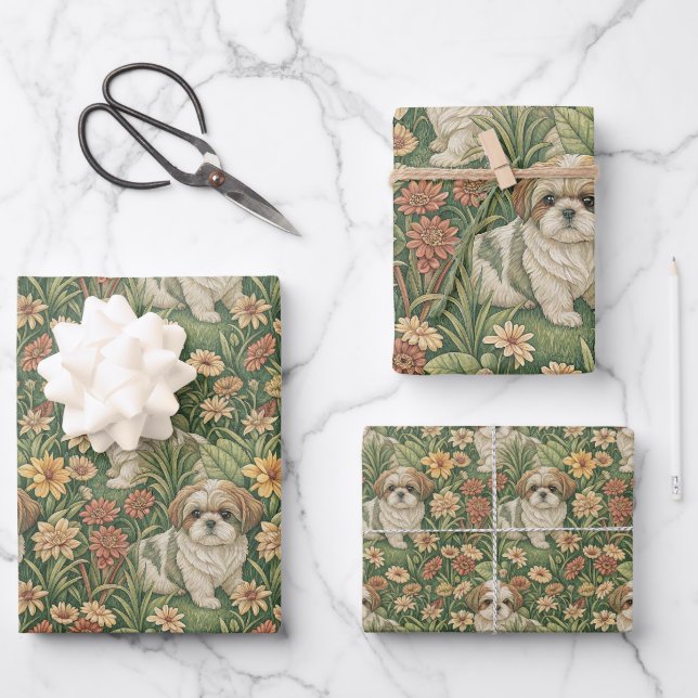 Shih Tzu Puppies in a William Morris Style Garden Wrapping Paper Sheet (Front)