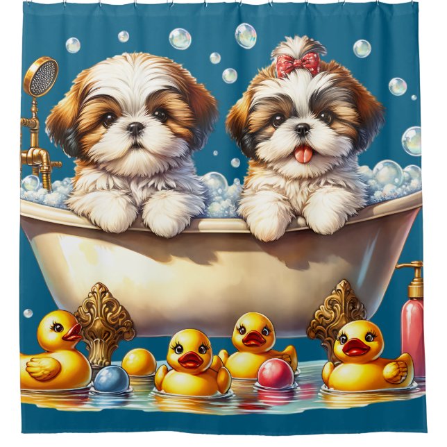 “Shih Tzu Puppies in Bubble Bath" Shower Curtain (Front)