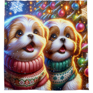 “Shih Tzu Puppies’ Santa Sighting" Shower Curtain