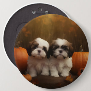 Shih Tzu Puppy Autumn Delight Pumpkin  6 Cm Round Badge
