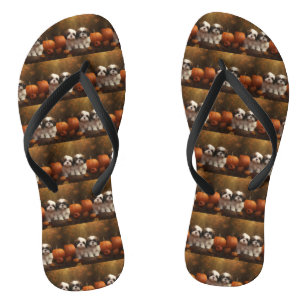 Shih Tzu Puppy Autumn Delight Pumpkin  Flip Flops