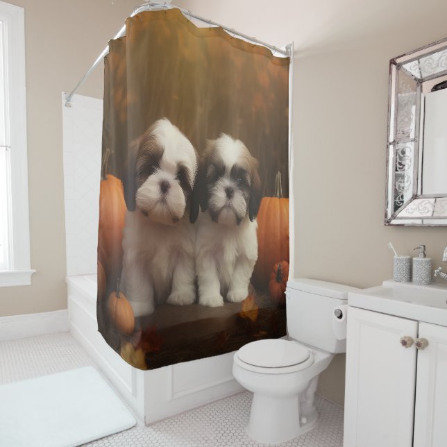 Shih Tzu Puppy Autumn Delight Pumpkin  Shower Curtain (In Situ)