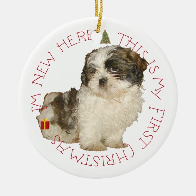 Shih Tzu Puppy First Christmas Ceramic Tree Decoration (Front)