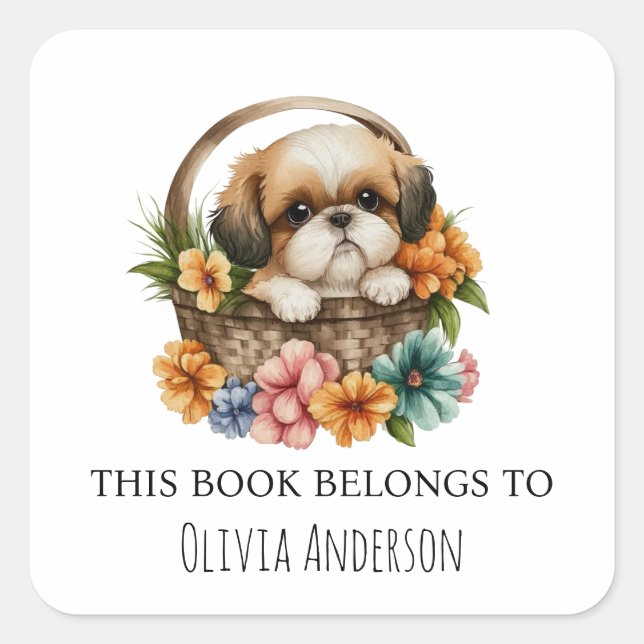 Shih Tzu Puppy in Flower Basket This Book Belongs Square Sticker (Front)