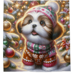 “Shih Tzu Puppy’s First Snowy Christmas” Shower Curtain
