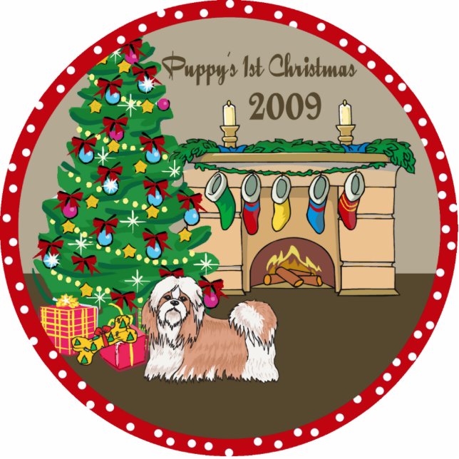 Shih Tzu Puppy's First Christmas Ornament 2009 Photo Sculpture Decoration (Front)